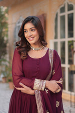 Thumbnail for Jyoti Fashion Women's Wine Faux Blooming Sequins Zari Embroidered Long Anarkali Sets - Distacart