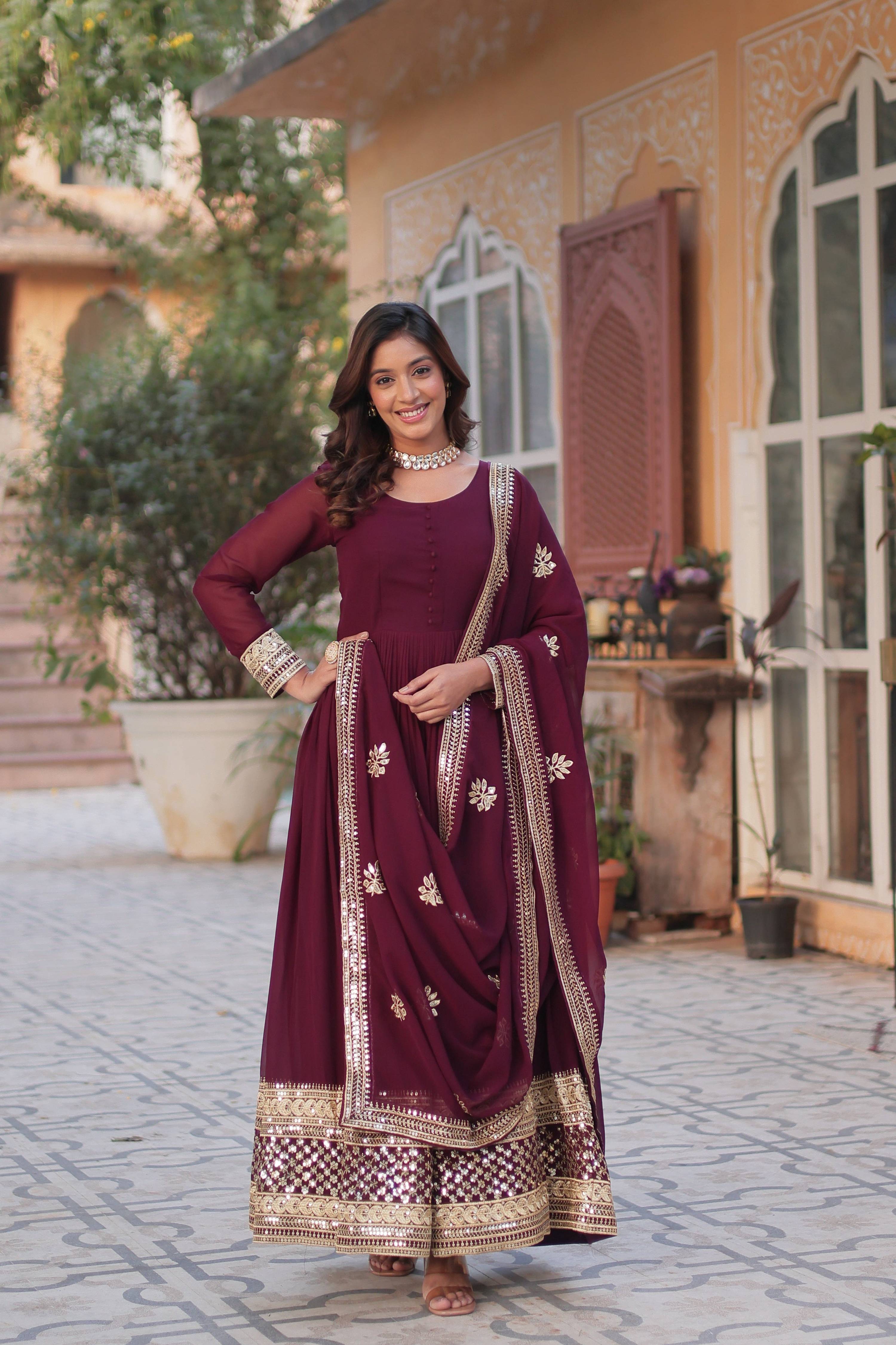 Sonakshi Women's Wine Faux Blooming Sequins Zari Embroidered Long Anarkali Sets - Distacart