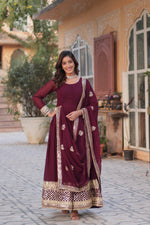 Thumbnail for Sonakshi Women's Wine Faux Blooming Sequins Zari Embroidered Long Anarkali Sets - Distacart