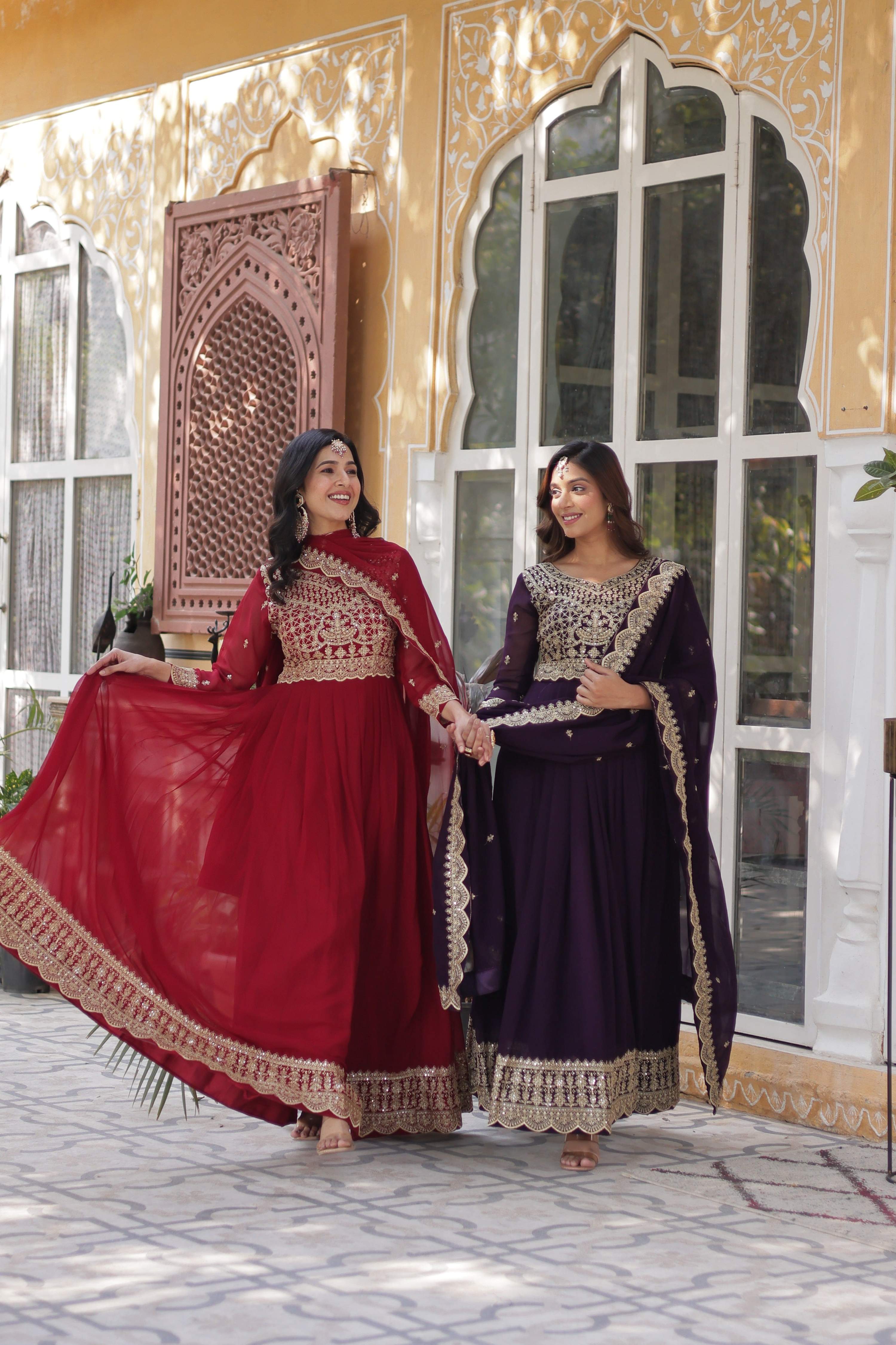 Sonakshi Women's Maroon & Wine Faux Blooming Sequins Zari Embroidered Combo Anarkali Sets - Distacart