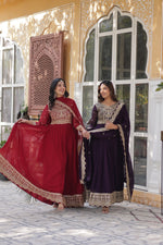 Thumbnail for Jyoti Fashion Women's Maroon & Wine Faux Blooming Sequins Zari Embroidered Combo Anarkali Sets - Distacart