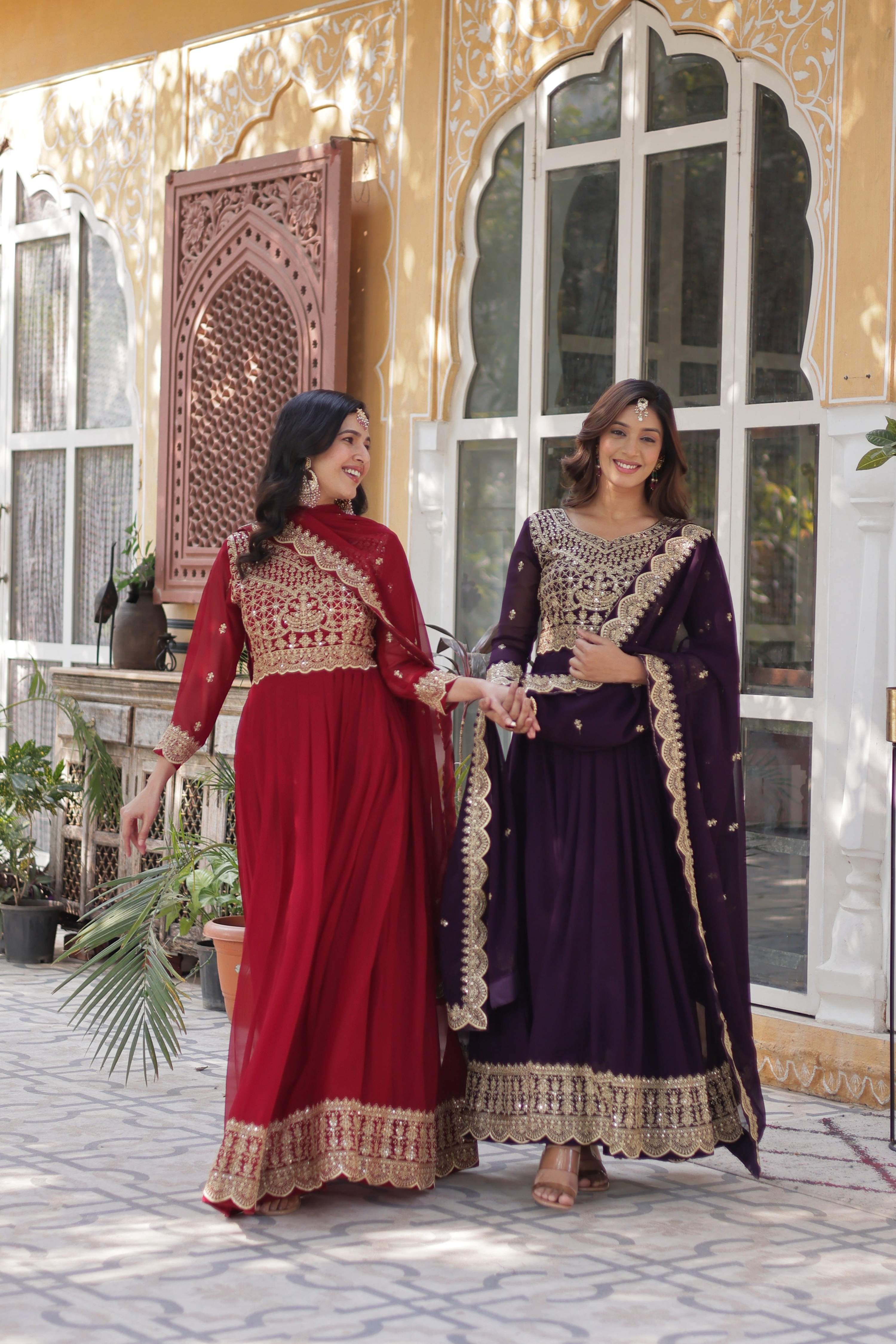 Sonakshi Women's Maroon & Wine Faux Blooming Sequins Zari Embroidered Combo Anarkali Sets - Distacart