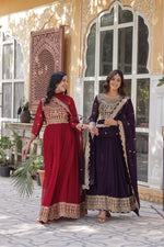 Thumbnail for Sonakshi Women's Maroon & Wine Faux Blooming Sequins Zari Embroidered Combo Anarkali Sets - Distacart