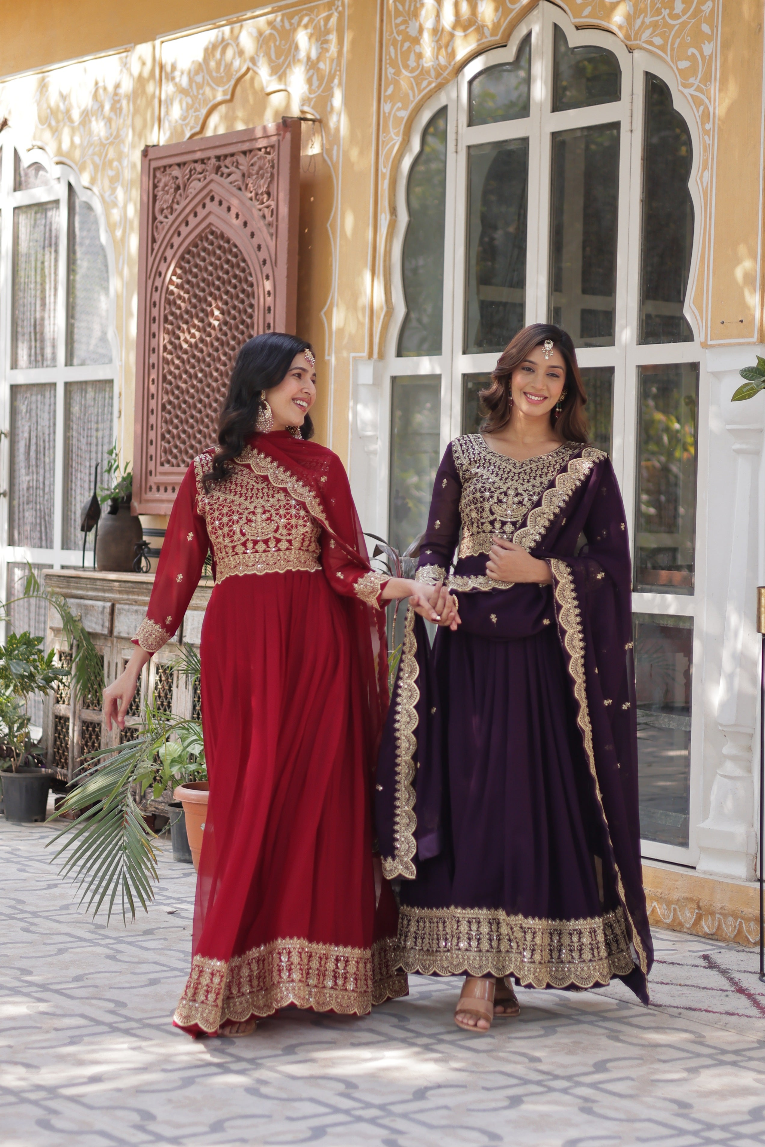 Jyoti Fashion Women's Maroon & Wine Faux Blooming Sequins Zari Embroidered Combo Anarkali Sets - Distacart
