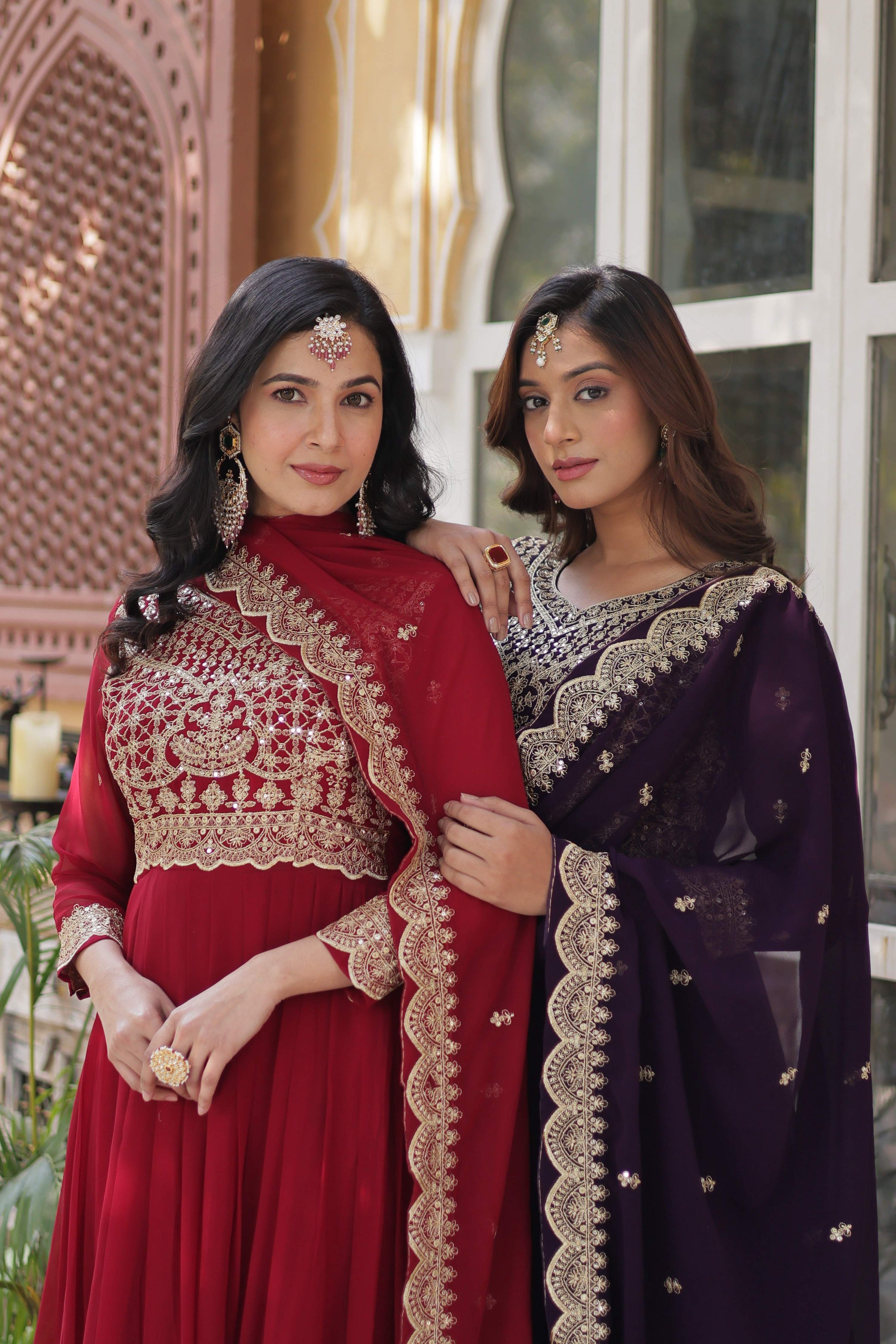 Sonakshi Women's Maroon & Wine Faux Blooming Sequins Zari Embroidered Combo Anarkali Sets - Distacart