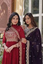 Thumbnail for Sonakshi Women's Maroon & Wine Faux Blooming Sequins Zari Embroidered Combo Anarkali Sets - Distacart