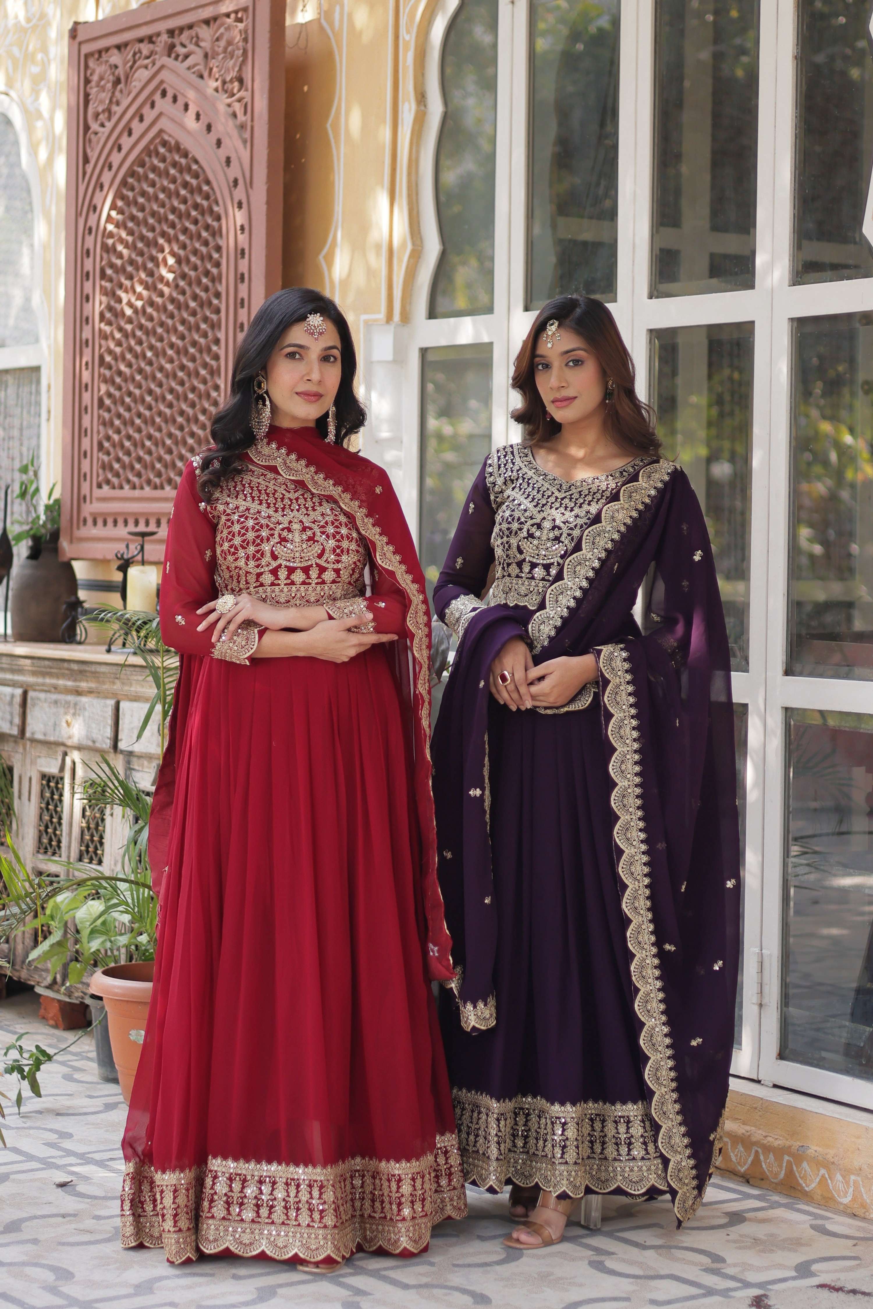 Sonakshi Women's Maroon & Wine Faux Blooming Sequins Zari Embroidered Combo Anarkali Sets - Distacart