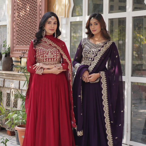 Jyoti Fashion Women's Maroon & Wine Faux Blooming Sequins Zari Embroidered Combo Anarkali Sets - Distacart
