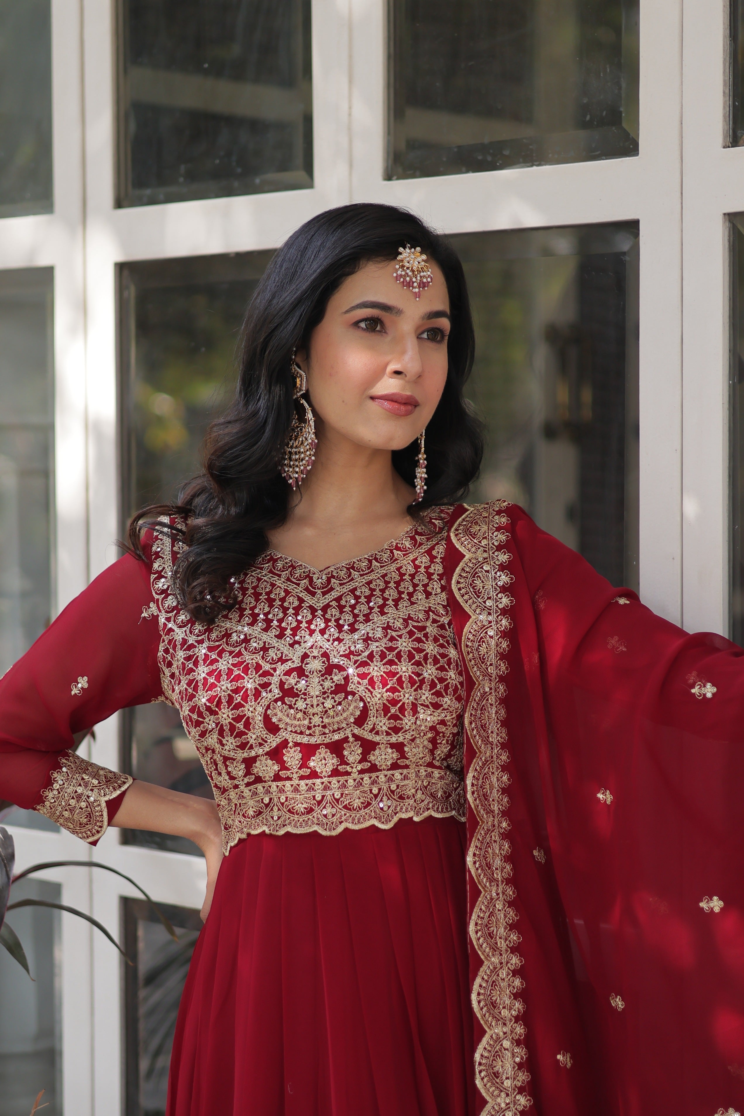Jyoti Fashion Women's Maroon Faux Blooming Sequins Zari Embroidered Long Anarkali Sets - Distacart