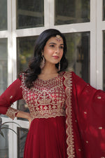 Thumbnail for Jyoti Fashion Women's Maroon Faux Blooming Sequins Zari Embroidered Long Anarkali Sets - Distacart