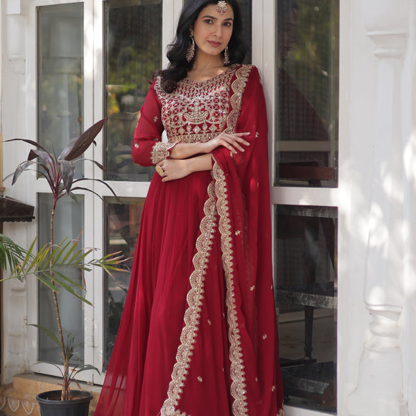 Jyoti Fashion Women's Maroon Faux Blooming Sequins Zari Embroidered Long Anarkali Sets - Distacart
