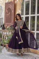 Thumbnail for Jyoti Fashion Women's Wine Faux Blooming Sequins Zari Embroidered Long Anarkali Sets - Distacart