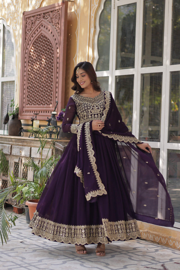 Jyoti Fashion Women's Wine Faux Blooming Sequins Zari Embroidered Long Anarkali Sets - Distacart