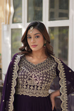 Thumbnail for Sonakshi Women's Wine Faux Blooming Sequins Zari Embroidered Long Anarkali Sets - Distacart