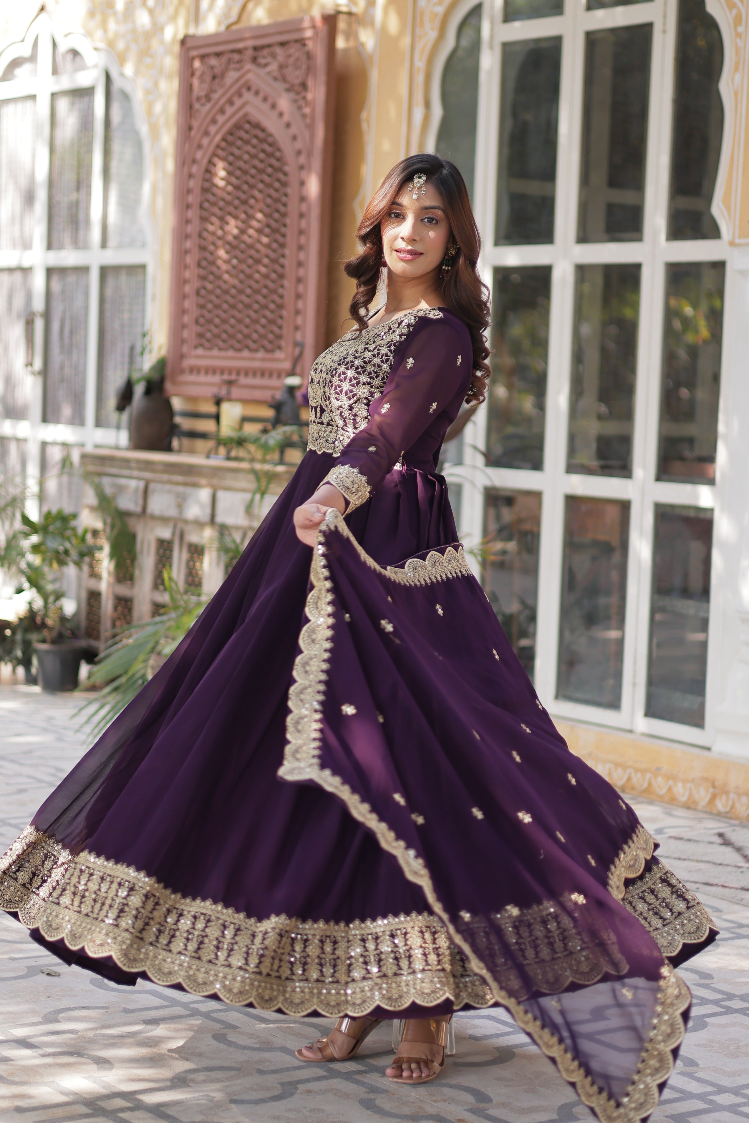 Jyoti Fashion Women's Wine Faux Blooming Sequins Zari Embroidered Long Anarkali Sets - Distacart