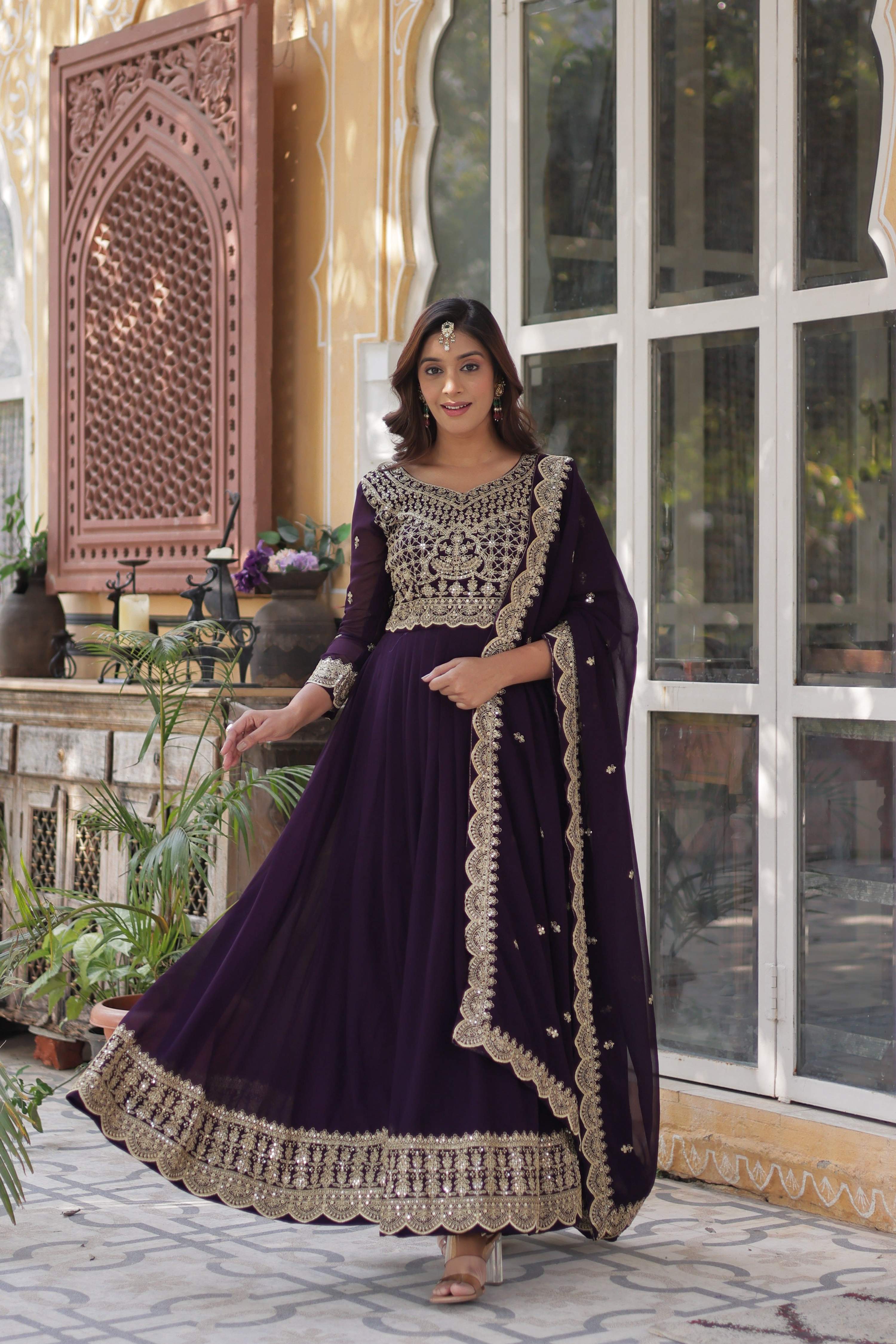 Sonakshi Women's Wine Faux Blooming Sequins Zari Embroidered Long Anarkali Sets - Distacart