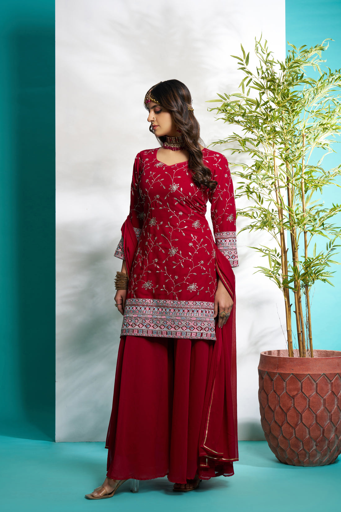 Sonakshi Women's Maroon Faux Georgette Zari with Thread Embroidered Kurta with Flared Palazzo and Dupatta - Distacart