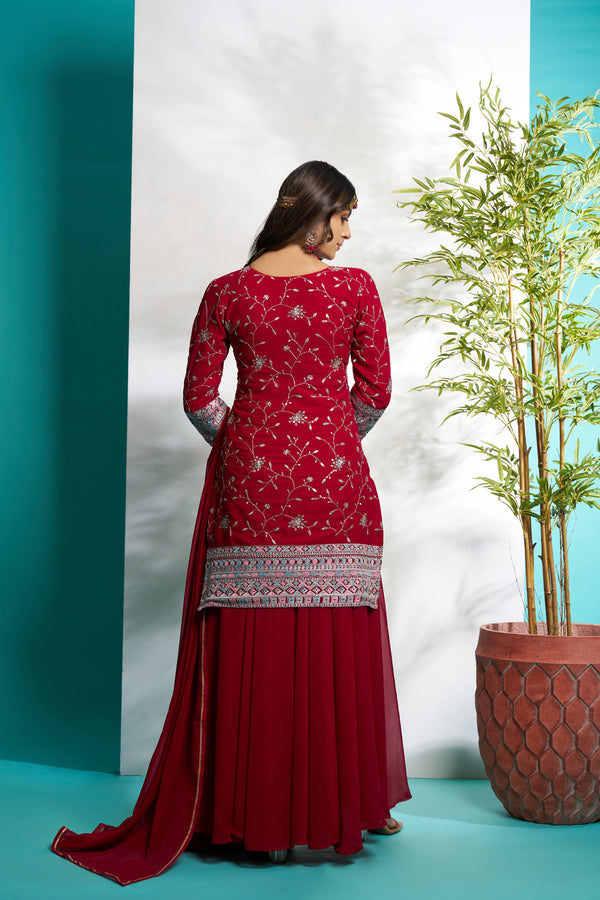 Sonakshi Women's Maroon Faux Georgette Zari with Thread Embroidered Kurta with Flared Palazzo and Dupatta - Distacart