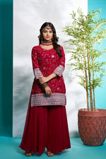 Thumbnail for Sonakshi Women's Maroon Faux Georgette Zari with Thread Embroidered Kurta with Flared Palazzo and Dupatta - Distacart