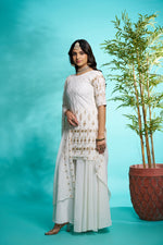 Thumbnail for Sonakshi Women's Off White Faux Georgette Zari with Thread Embroidered Kurta with Flared Palazzo and Dupatta - Distacart