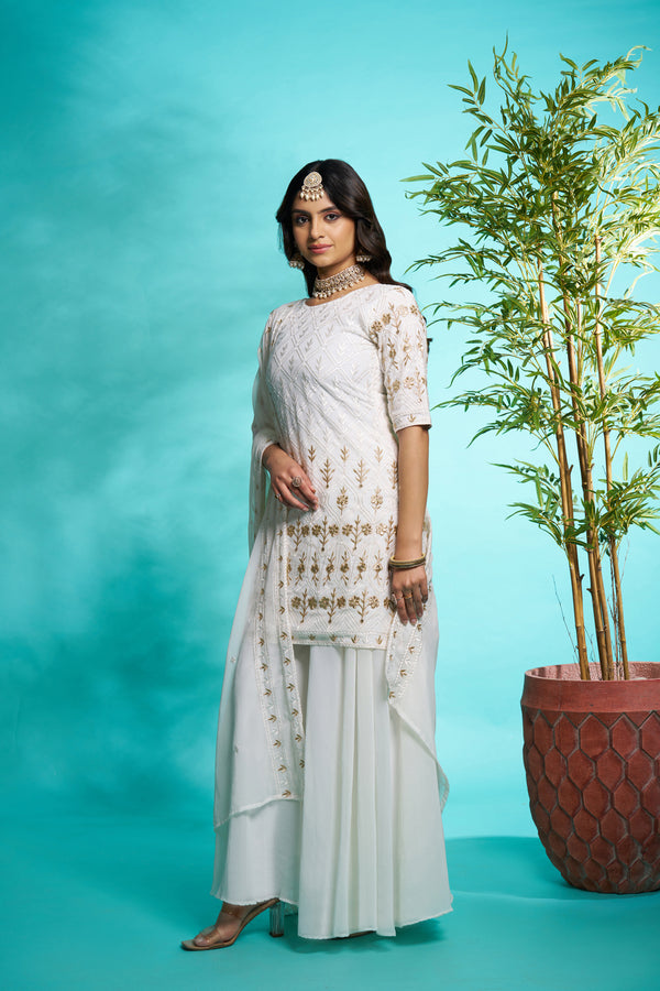 Sonakshi Women's Off White Faux Georgette Zari with Thread Embroidered Kurta with Flared Palazzo and Dupatta - Distacart