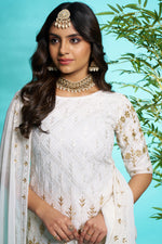 Thumbnail for Sonakshi Women's Off White Faux Georgette Zari with Thread Embroidered Kurta with Flared Palazzo and Dupatta - Distacart