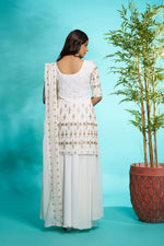 Thumbnail for Sonakshi Women's Off White Faux Georgette Zari with Thread Embroidered Kurta with Flared Palazzo and Dupatta - Distacart