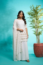 Thumbnail for Sonakshi Women's Off White Faux Georgette Zari with Thread Embroidered Kurta with Flared Palazzo and Dupatta - Distacart