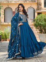 Thumbnail for Sonakshi Women's Rama Vichitra Silk Sequence Embroidered Work Anarkali Gown Set With Dupatta