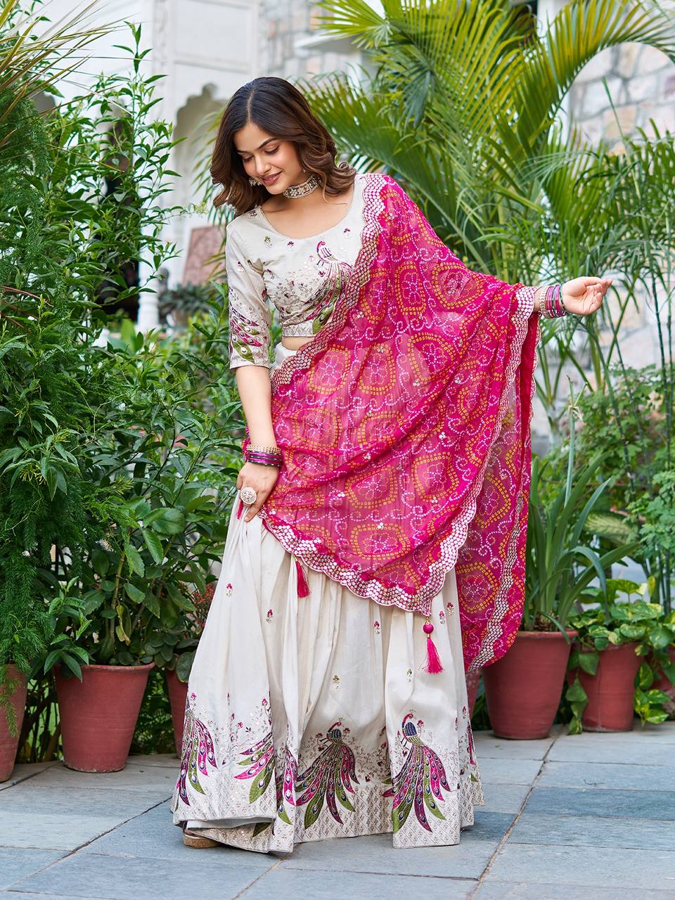 Sonakshi Women's Rani Tissue Silk Thread Embroidered Sequence Lehenga Set With Dupatta