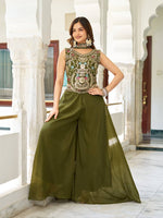 Thumbnail for Sonakshi Women's Mehendi Star Georgette Cording & Therad Embroidered With Latkan Lece Sarara Set With Dupatta