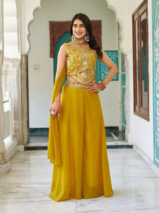 Sonakshi Women's Yellow Star Georgette Cording & Therad Embroidered With Latkan Lece Sarara Set With Dupatta
