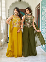 Thumbnail for Sonakshi Women's Mehandi & Yellow Star Georgette Cording & Therad Embroidered With Latkan Lece Sarara Set With Dupatta