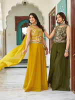 Thumbnail for Sonakshi Women's Mehandi & Yellow Star Georgette Cording & Therad Embroidered With Latkan Lece Sarara Set With Dupatta