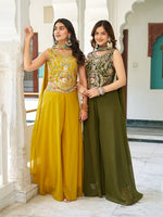 Thumbnail for Sonakshi Women's Mehandi & Yellow Star Georgette Cording & Therad Embroidered With Latkan Lece Sarara Set With Dupatta