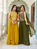 Thumbnail for Sonakshi Women's Mehandi & Yellow Star Georgette Cording & Therad Embroidered With Latkan Lece Sarara Set With Dupatta