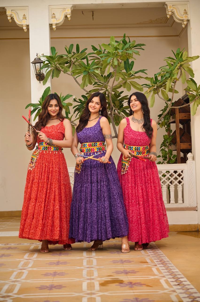 Sonakshi Women's Red Rani & Blue Georgette Bandhni Print Gamathi Work With Real Mirror Anarkali Gown Set
