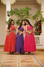 Thumbnail for Sonakshi Women's Red Rani & Blue Georgette Bandhni Print Gamathi Work With Real Mirror Anarkali Gown Set