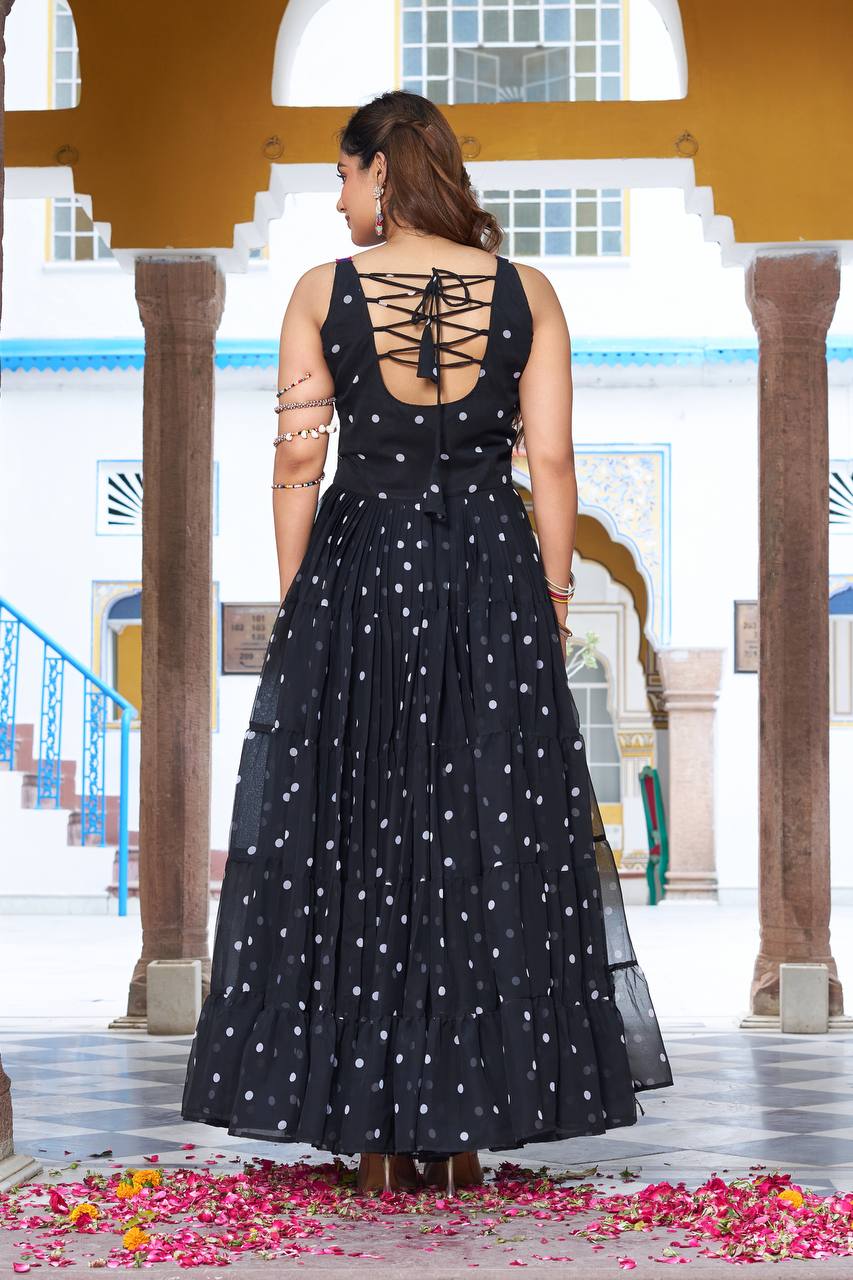 Sonakshi Women's Black Georgette Bandhni Print Gamathi Work With Real Mirror Anarkali Gown Set