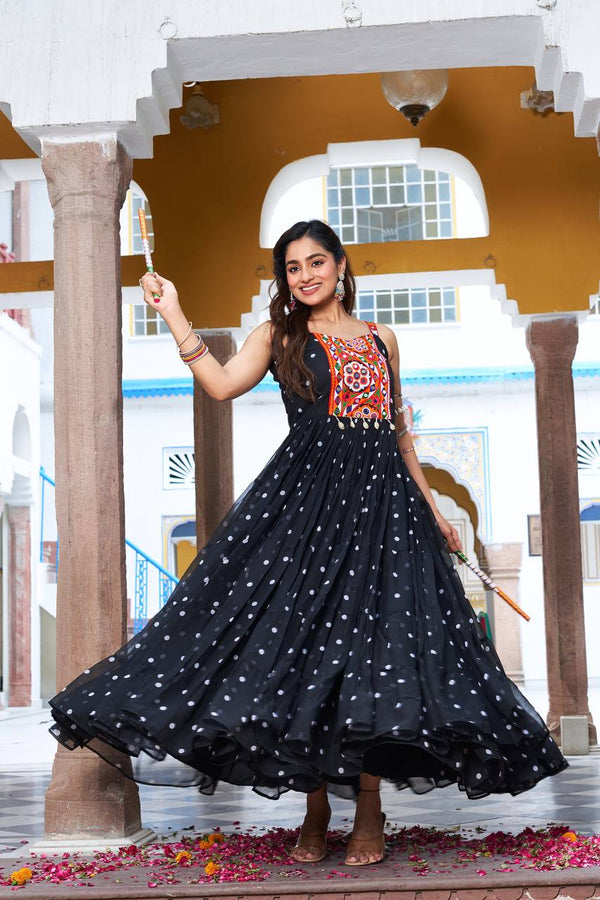 Sonakshi Women's Black Georgette Bandhni Print Gamathi Work With Real Mirror Anarkali Gown Set