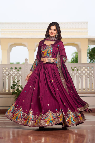 Sonakshi Women's Teal Vichitra Silk Embroidery Thread Sequence Embroidered Lehenga Choli Set With Dupatta