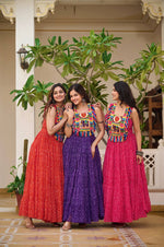 Thumbnail for Sonakshi Women's Red, Blue & Rani Foux Georgette Bandhni Print Gamathi Work With Real Mirror Anarkali Gown Set