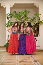 Thumbnail for Sonakshi Women's Red, Blue & Rani Foux Georgette Bandhni Print Gamathi Work With Real Mirror Anarkali Gown Set