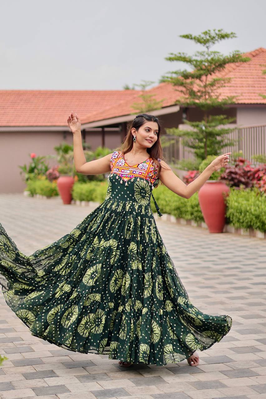 Sonakshi Women's Mehendi Foux Georgette Bandhni Print Gamathi Work With Mirror Anarkali Gown Set