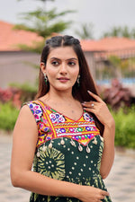 Thumbnail for Sonakshi Women's Mehendi Foux Georgette Bandhni Print Gamathi Work With Mirror Anarkali Gown Set