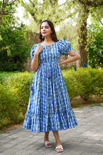 Sonakshi Women's Blue Rayon Digital Print Full Round Flair Anarkali Gown Set - Distacart