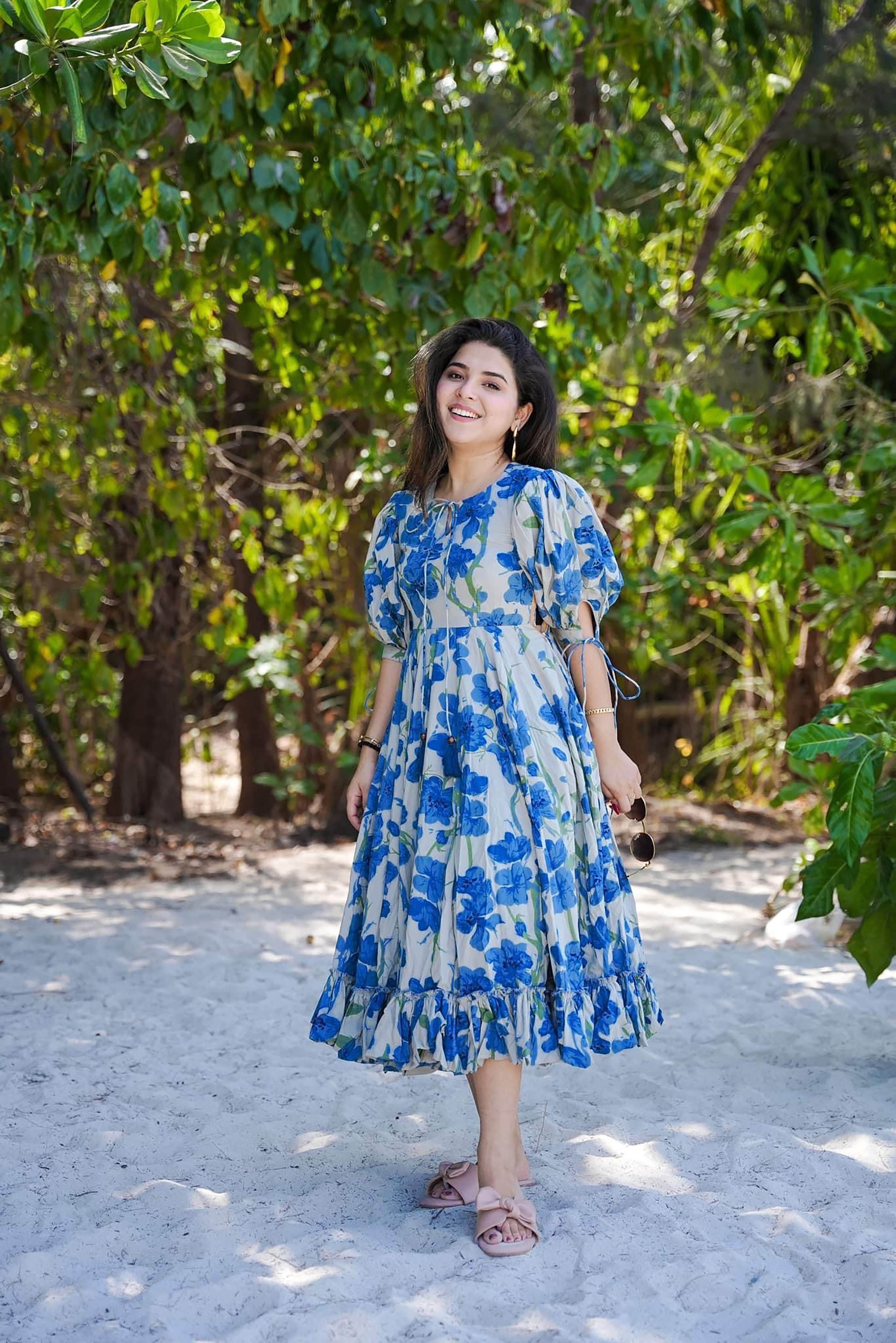 Sonakshi Women's Blue Rayon Digital Print Full Round Flair Anarkali Gown Set - Distacart