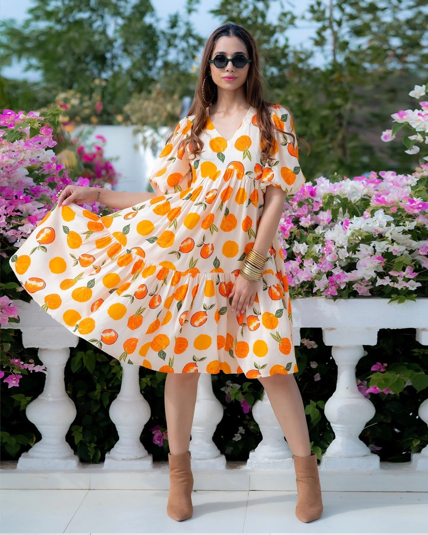 Sonakshi Women's White & Yellow Rayon Digital Print Full Round Flair Anarkali Gown Set - Distacart