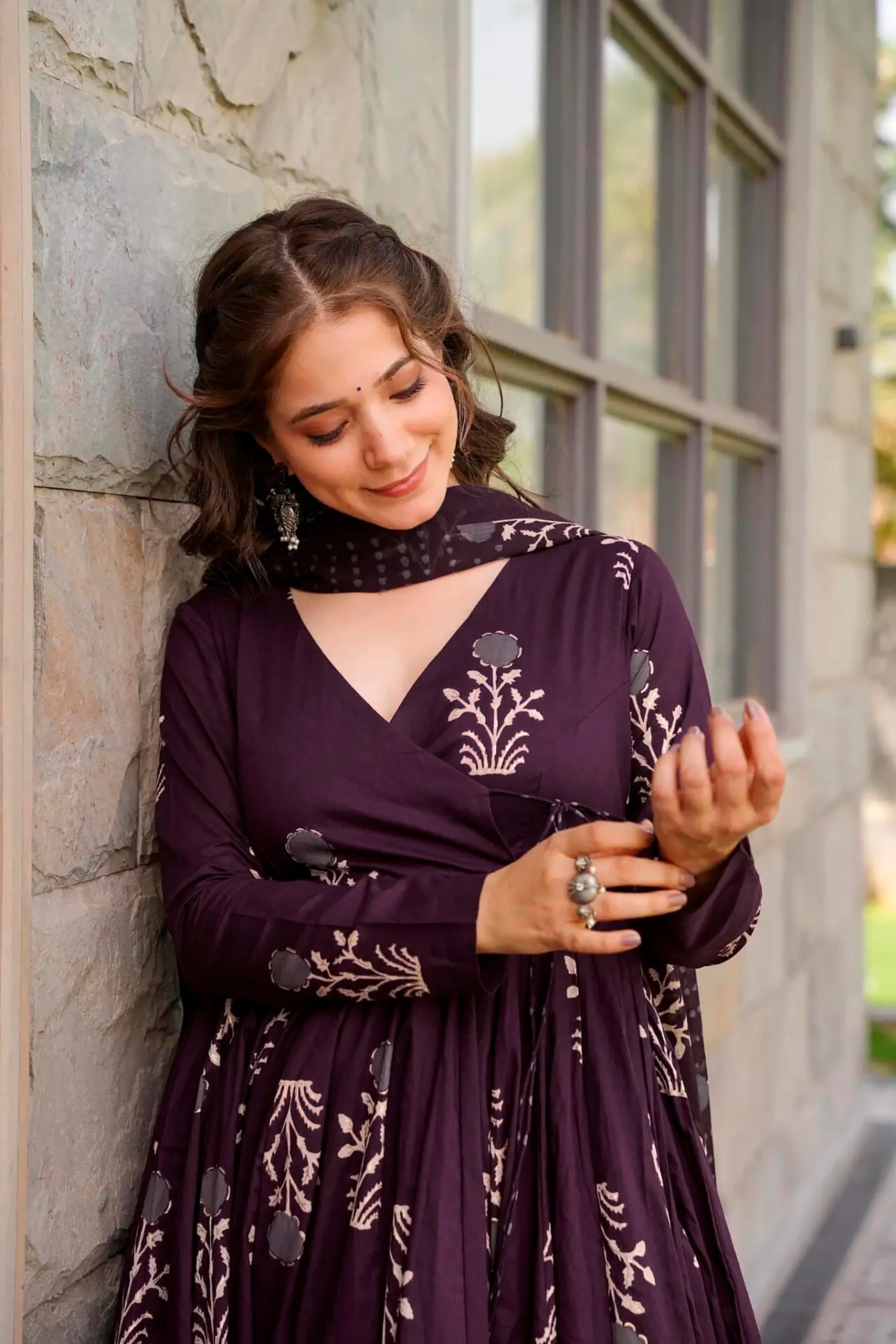 Sonakshi Women's Purple Maslin Digital Print Full Round Flair Anarkali Gown Set With Dupatta