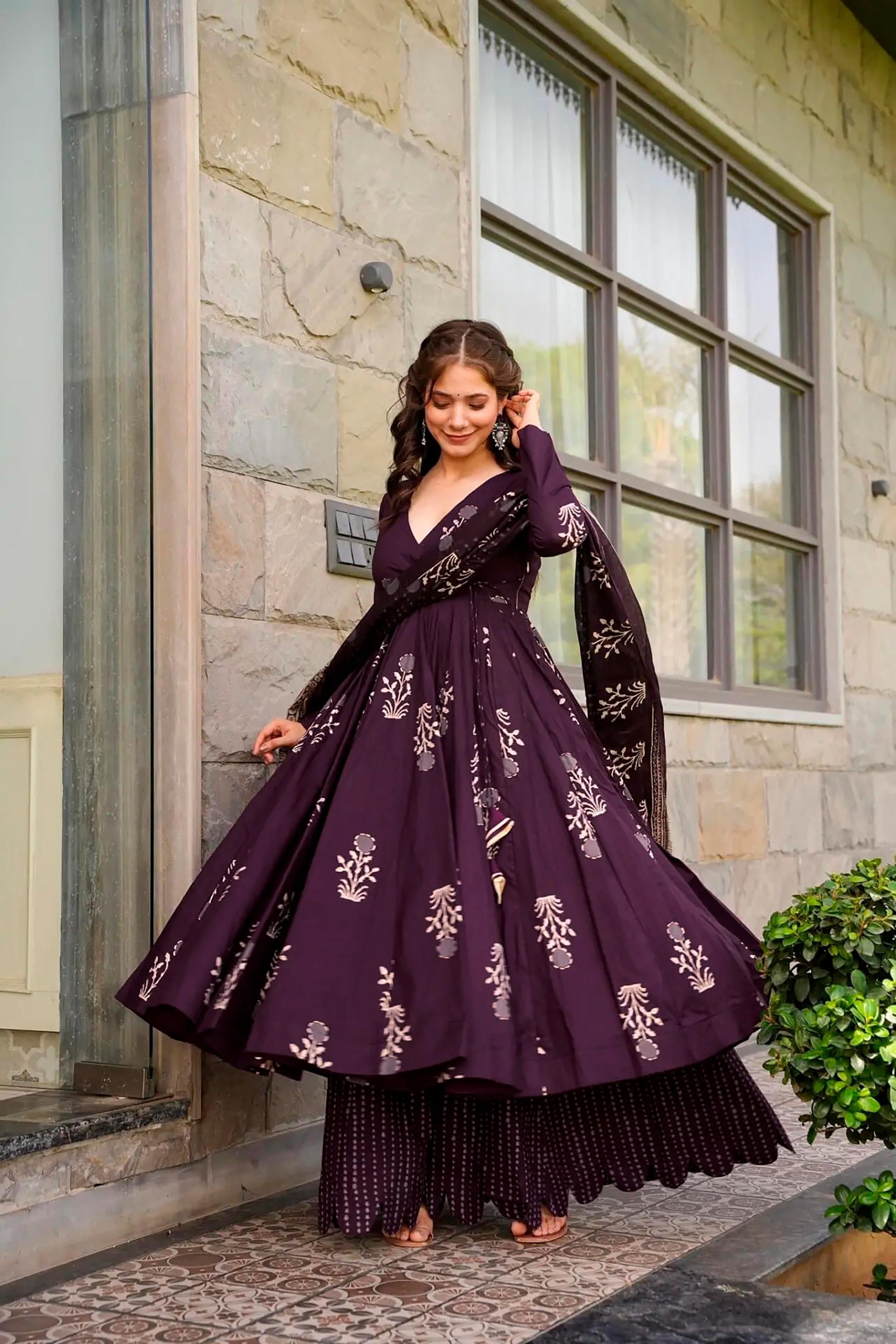 Sonakshi Women's Purple Maslin Digital Print Full Round Flair Anarkali Gown Set With Dupatta